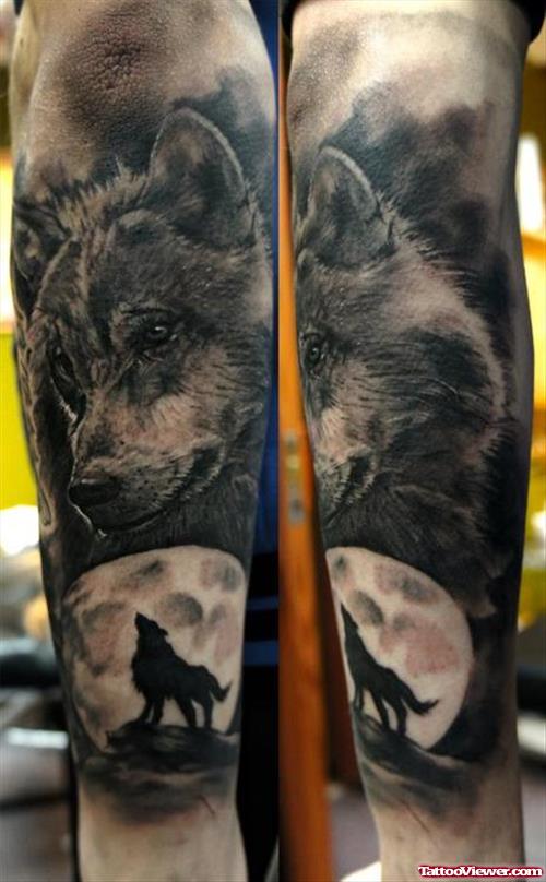 Sleeve Grey Ink Moon And Wolf Tattoos