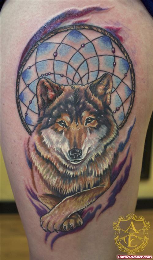 Dreamcatcher Wolf Tattoo On Half Sleeve