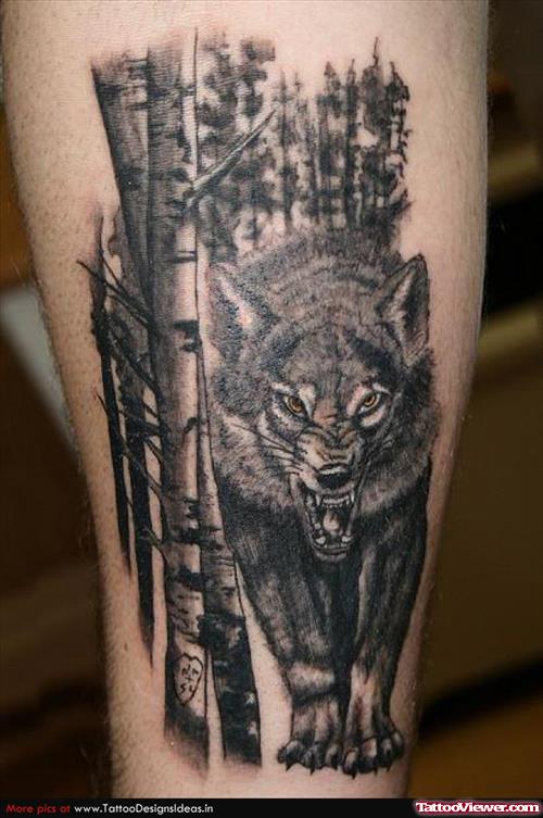 Grey Ink Bamboo Trees And Wolf Tattoo On Leg