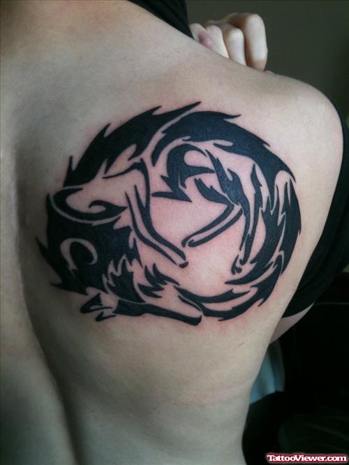 Black Tribal Wolf Tattoo On Man Right Back Shoulder