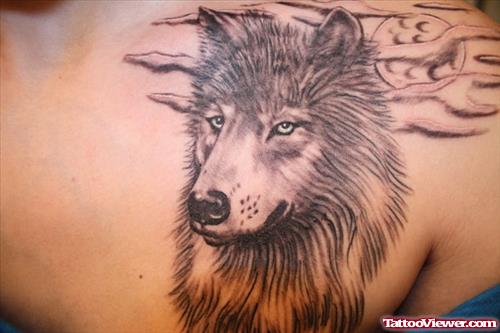 Beautiful Grey Ink Wolf Head Tattoo On Right Back Shoulder