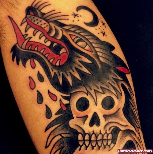 Awesome Grey Ink Wolf Head Tattoo