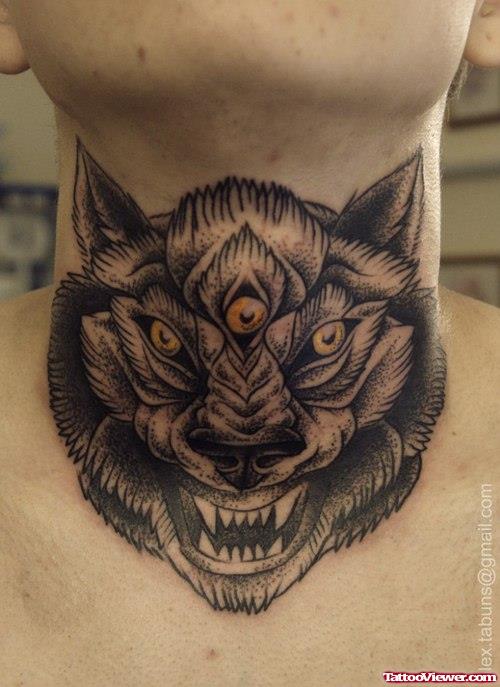 Wolf With Three Eyes Tattoo On Neck