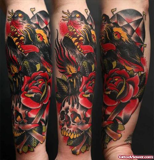 Red Roses And Wolf Tattoo On Sleeve
