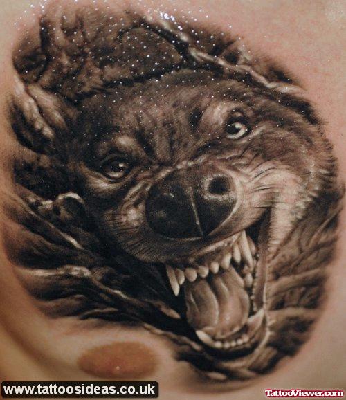 Grey Ink Wolf Head Tattoo On Chest
