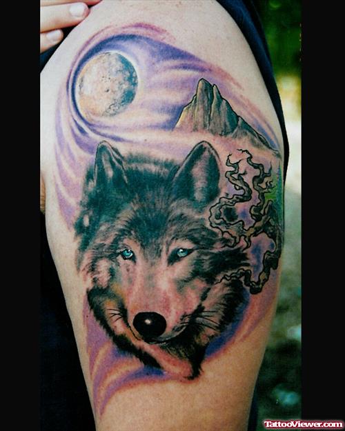 Grey Ink Wolf And Moon Tattoo On Left Half Sleeve