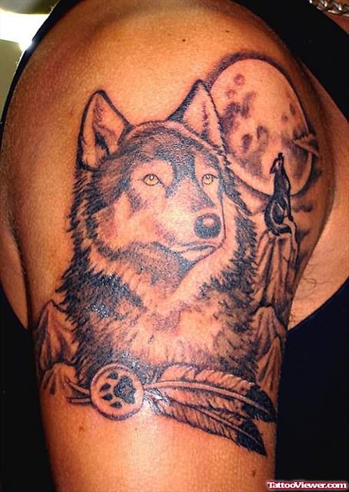 Grey Ink Moon And Wolf Tattoo On Girl Right Half Sleeve