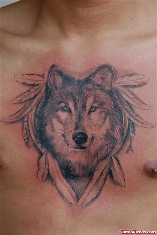 Grey Ink Feathers and Wolf Head Tattoo On Chest