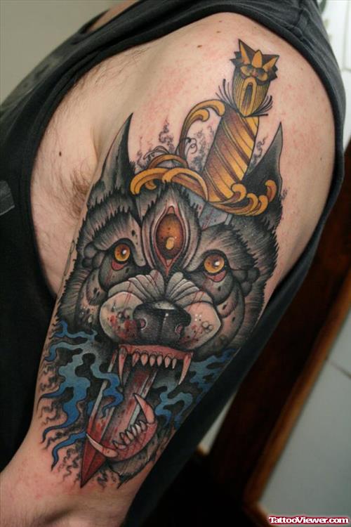 Daggers And Wolf Head Tattoo On Half Sleeve