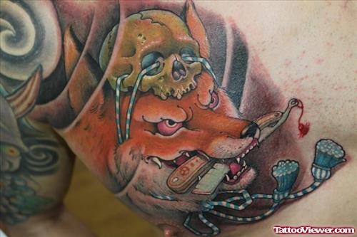 Colored Ink Wolf Head Tattoo On Chest