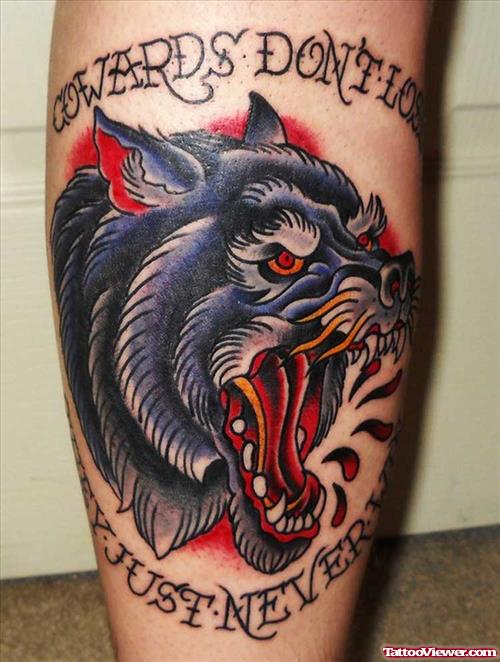 Colored Angry Wolf Tattoo On Leg