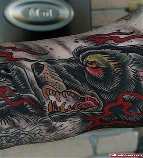 Color Ink Wolf Tattoo On Sleeve