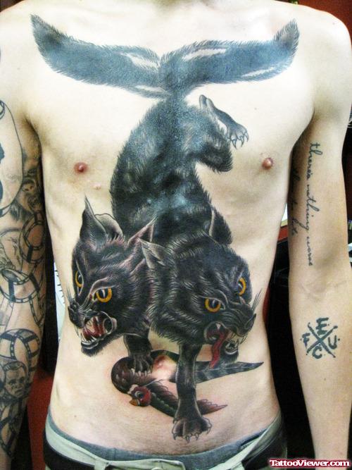 Black Ink Wolf Tattoos On Belly