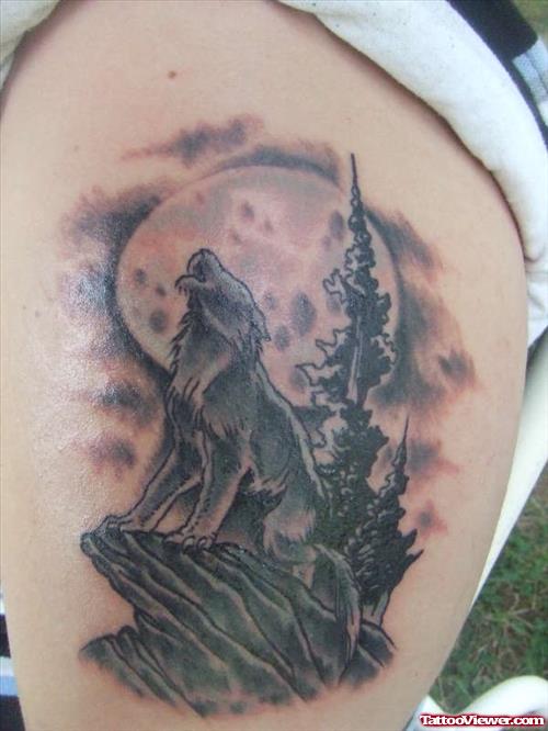Best Grey Ink Wolf Tattoo On Leg