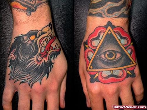Illuminati Eye and Wolf Tattoo On Hand