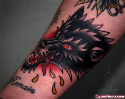 Awesome Black Ink Wolf Tattoo On Sleeve