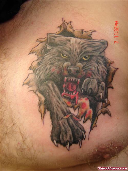 Ripped Skin Wolf Tattoo On Man Chest