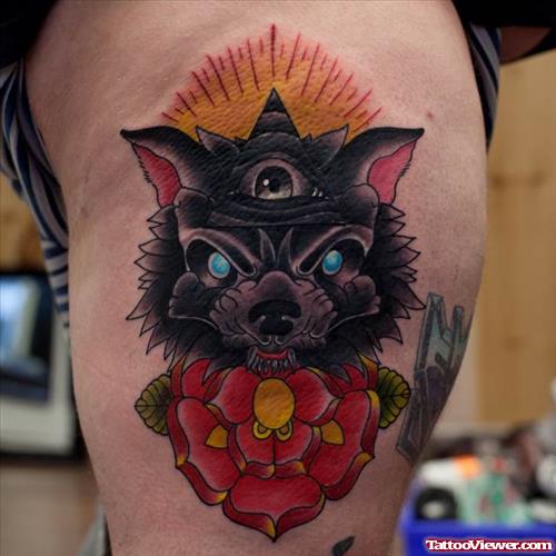 Red Flower and Wolf Head Tattoo