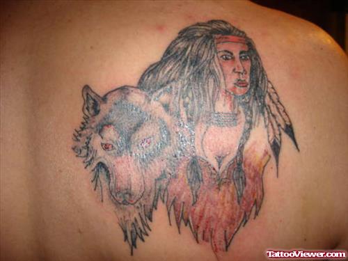 Native Indian And Wolf Tattoo On Right Back SHoulder