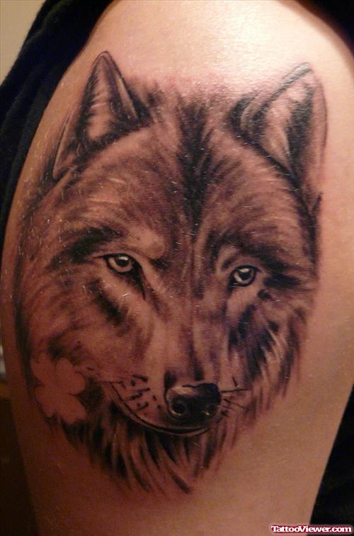 Grey Ink Wolf Tattoo On Half Sleeve