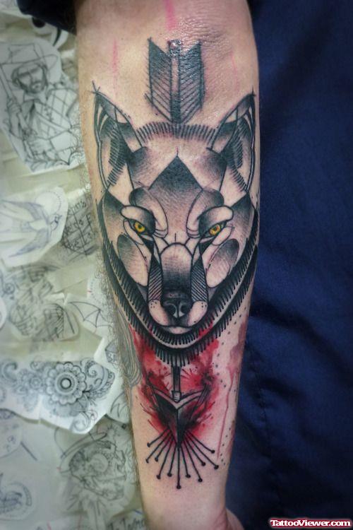 Grey Ink Wolf Tattoo On Arm