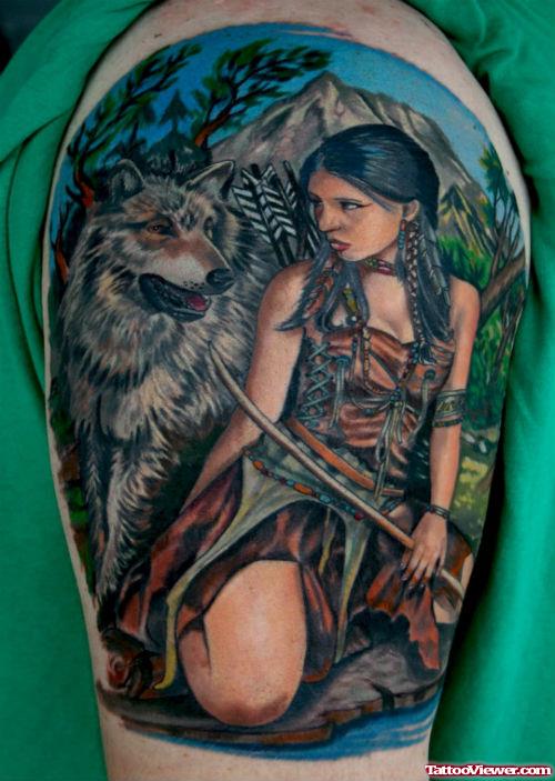 Colored Wolf Tattoo On Half Sleeve