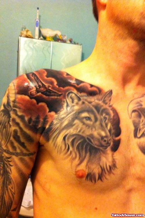 Awesome Grey Ink Wolf Tattoo On Chest