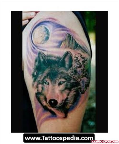 Attractive Wolf Head Tattoo On Left Half Sleeve