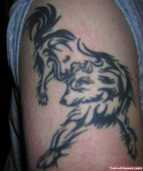 Grey Ink Tribal Wolf Tattoo On Bicep