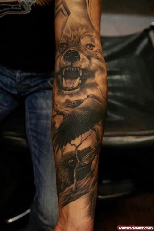 Grey Ink Crow And Wolf Tattoo On Left Sleeve