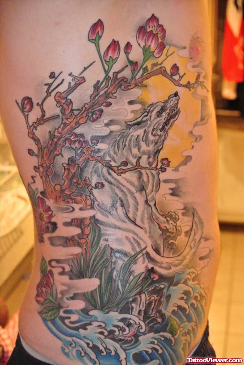 Flowers Tree And Wolf Tattoo On Side Rib