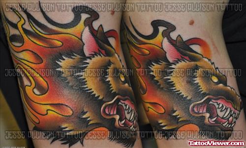 Colored Wolf Tattoo On Sleeve