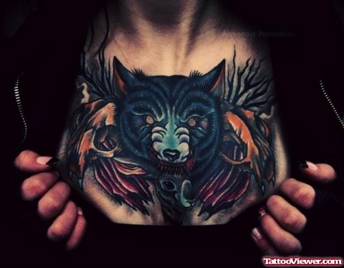 Colored Wolf Tattoo On Chest