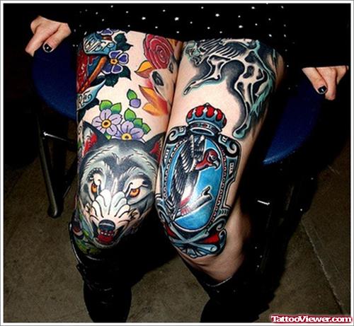 Color Ink Wolf Head Tattoos On Knee