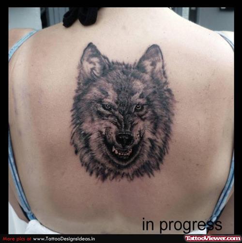 Beautiful Grey Ink Wolf Tattoo On Back