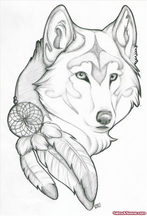 Beautiful Feathers and Wolf Head Tattoo Design
