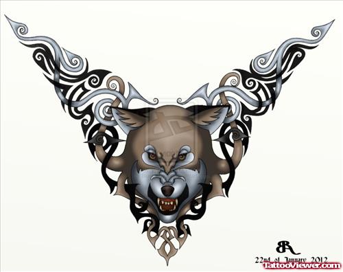 Tribal And Wolf Tattoo Design