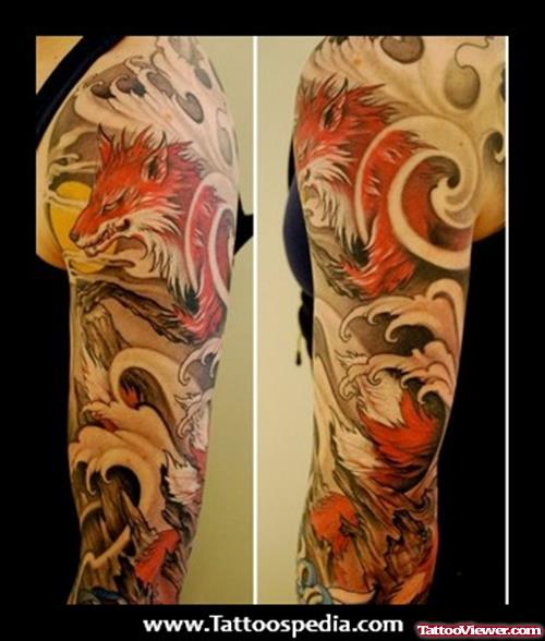 Japanese Wolf Tattoo On Sleeve