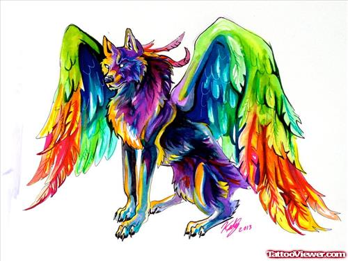 Colored Winged Wolf Tattoo Design