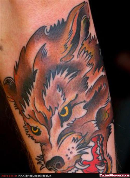 Brown Ink Wolf Tattoo On Sleeve