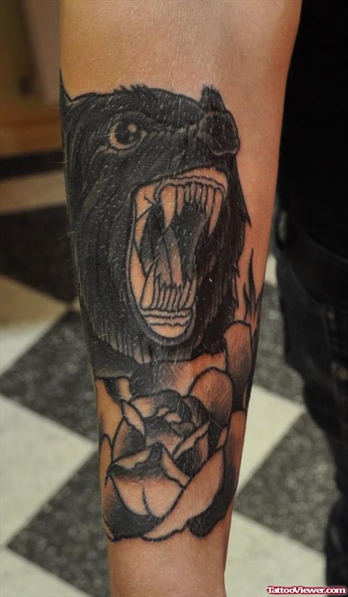 Black Rose Flower And Wolf Tattoo On Sleeve