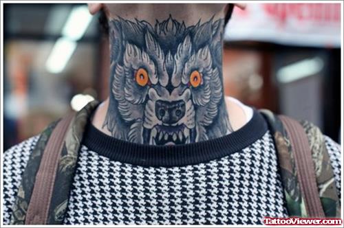 Awesome Grey Ink Wolf Face Tattoo On Neck