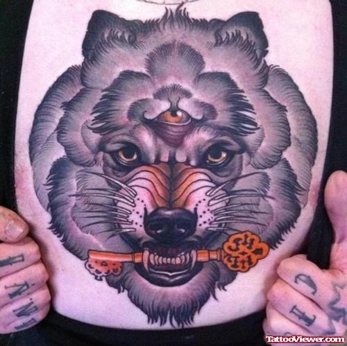 Wolf With Key Tattoo On Chest