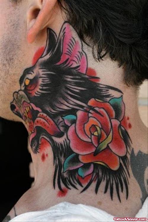 Red Rose And Wolf Tattoo On Side Neck