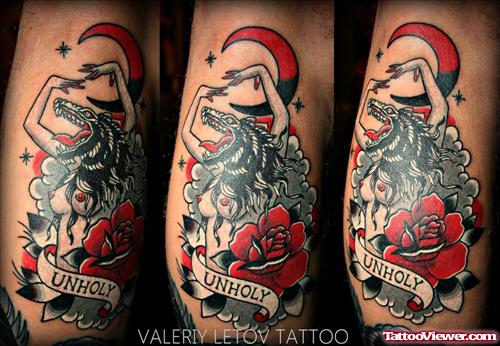 Red Rose And Moon With Wolf Head Girl Tattoo