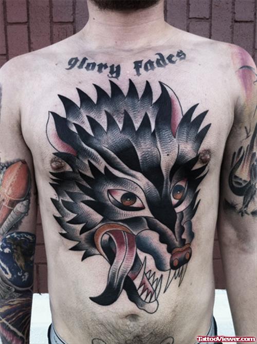 Large Wolf Head Tattoo On Man Chest