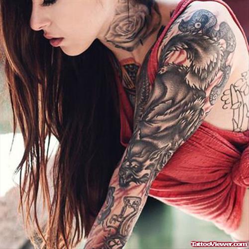 Grey Ink Wolf Tattoo On Left Sleeve For Girls