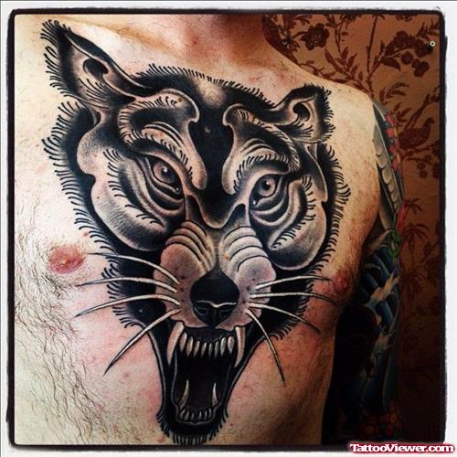 Great Grey Ink Wolf Head Tattoo on Man Chest