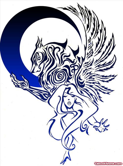 Blue Moon And Wolf Tattoo Design