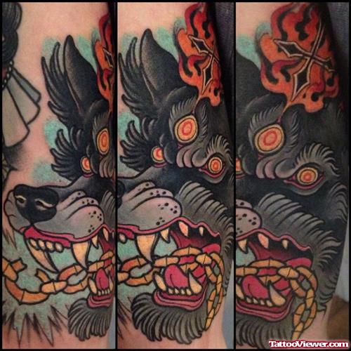 Awesome Color Ink Wolf Tattoo On Sleeve